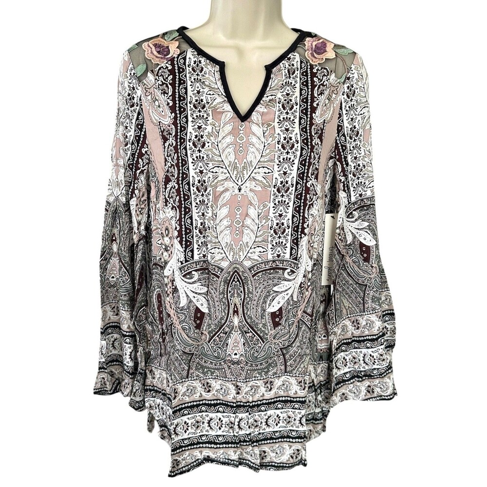 Tribal Jeans Women's Bell Sleeve Paisley Printed Blouse Top Size XS Petal Pink